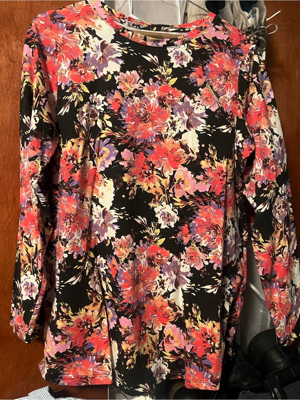 Roaman's Black Floral Long Sleeve Tunic with Coral & Purple Blooms
